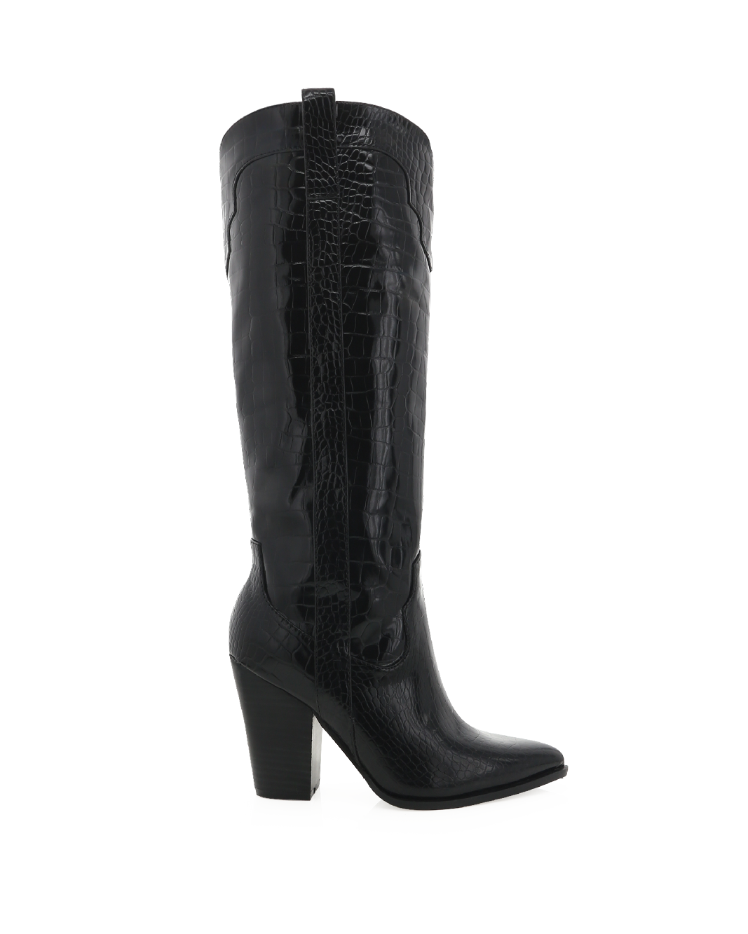 Shiny black knee high boots hot sale