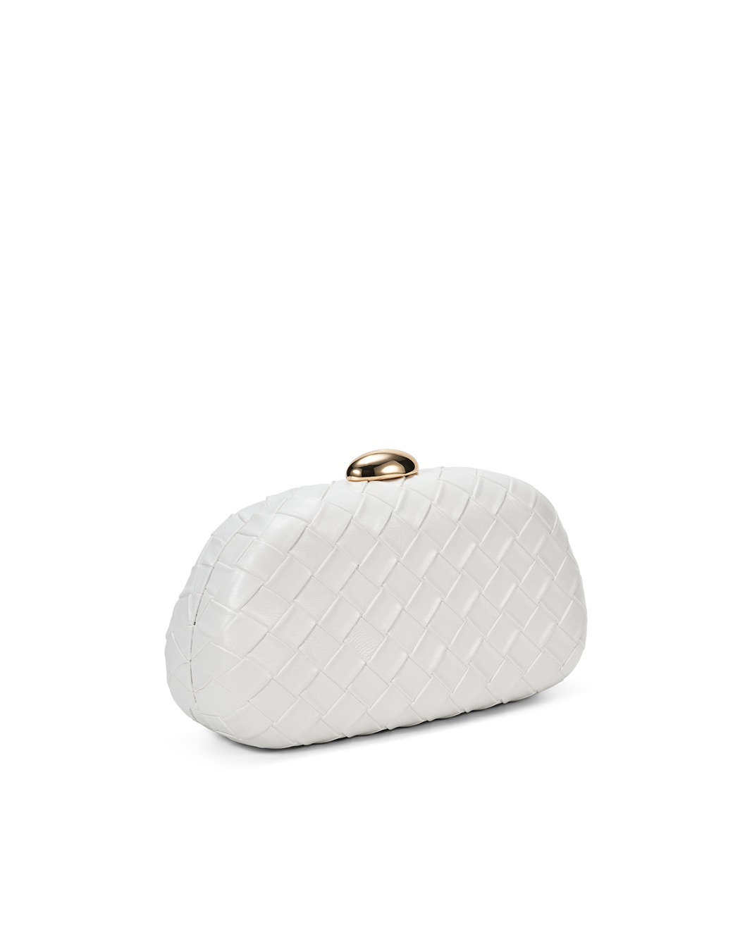 a white purse with a gold clasp
