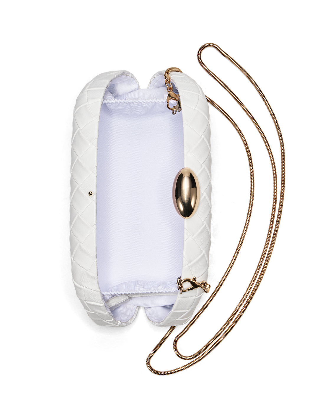 a white purse with gold accents