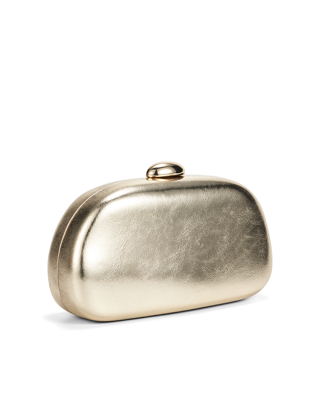 a gold clutch with a round button