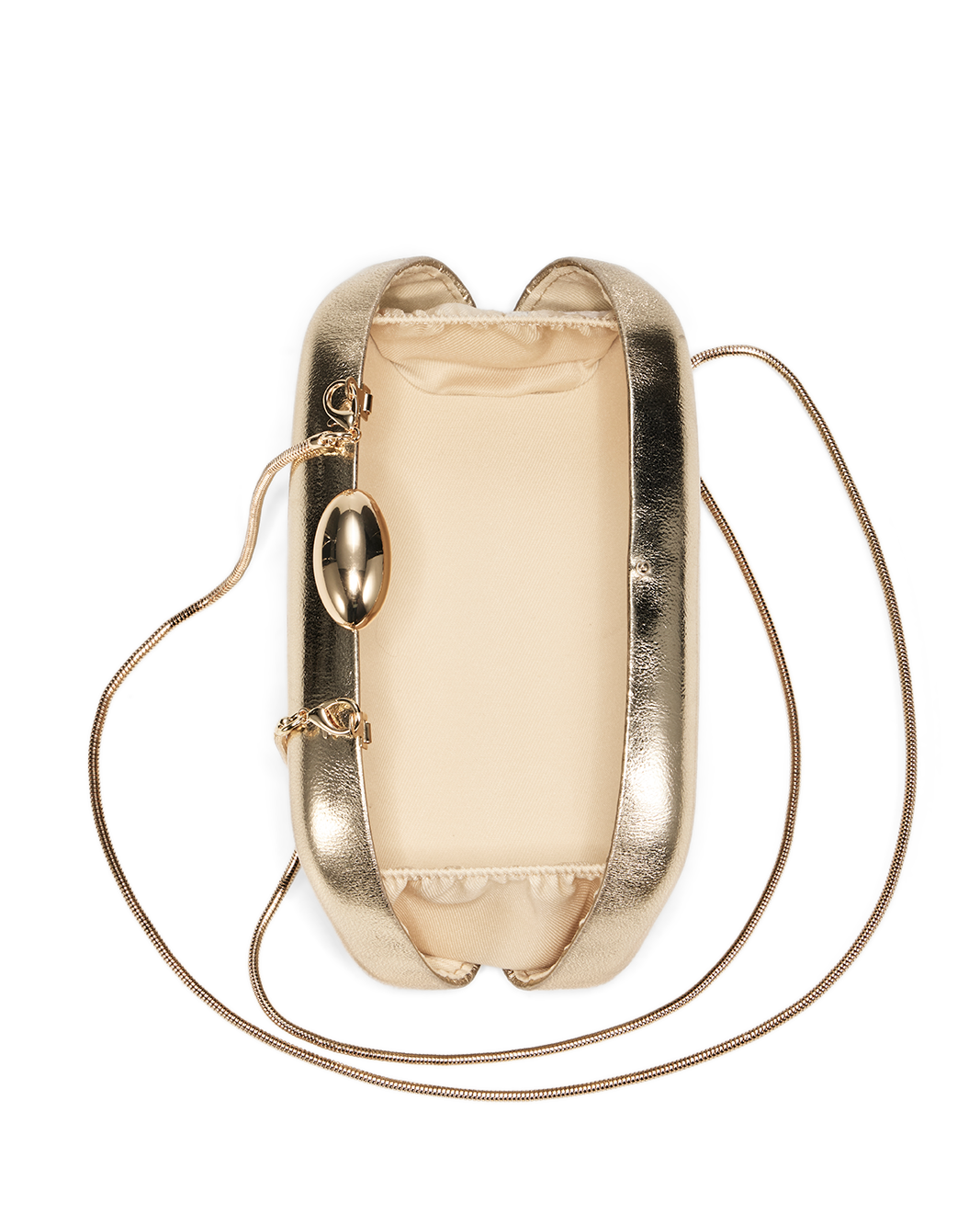 a gold purse with a gold chain