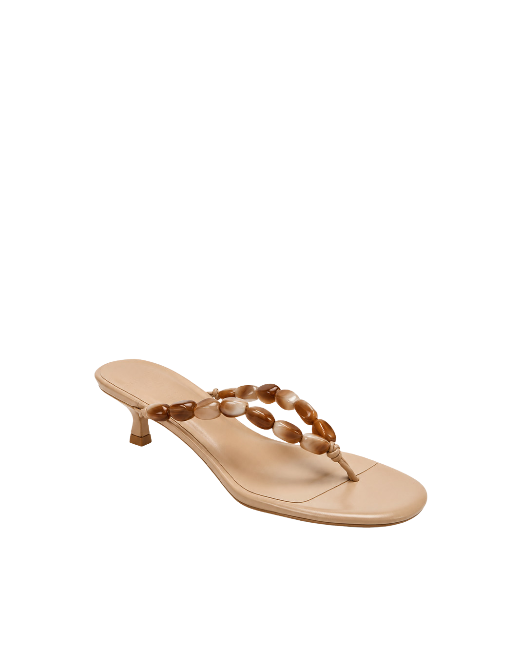 a tan sandal with a beaded strap