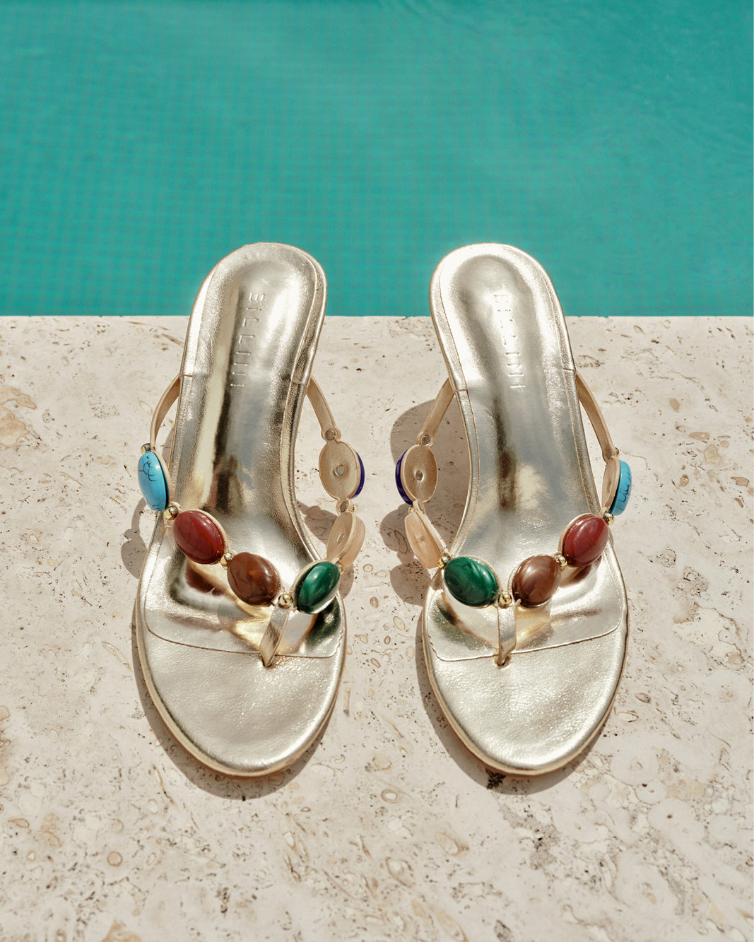 靴 BIBIY. GEM SANDALS Buy Gema Thong Heels in Gold Metallic Multi – BILLINI USA