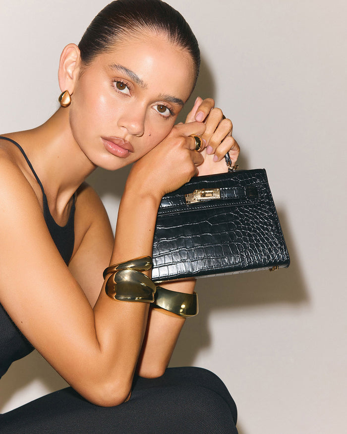 HARIETTE HANDLE BAG - BLACK CROC SHINE-GOLD-Handbags-Billini-BILLINI USA