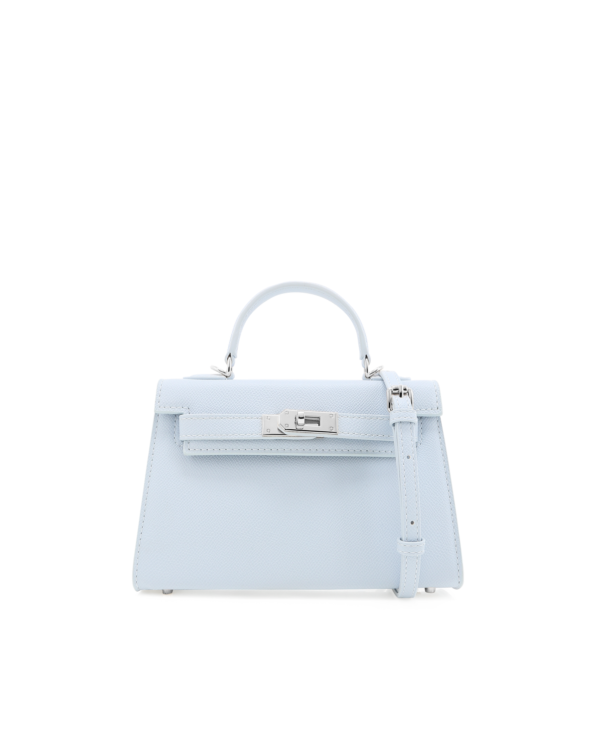 a light blue handbag with a silver handle