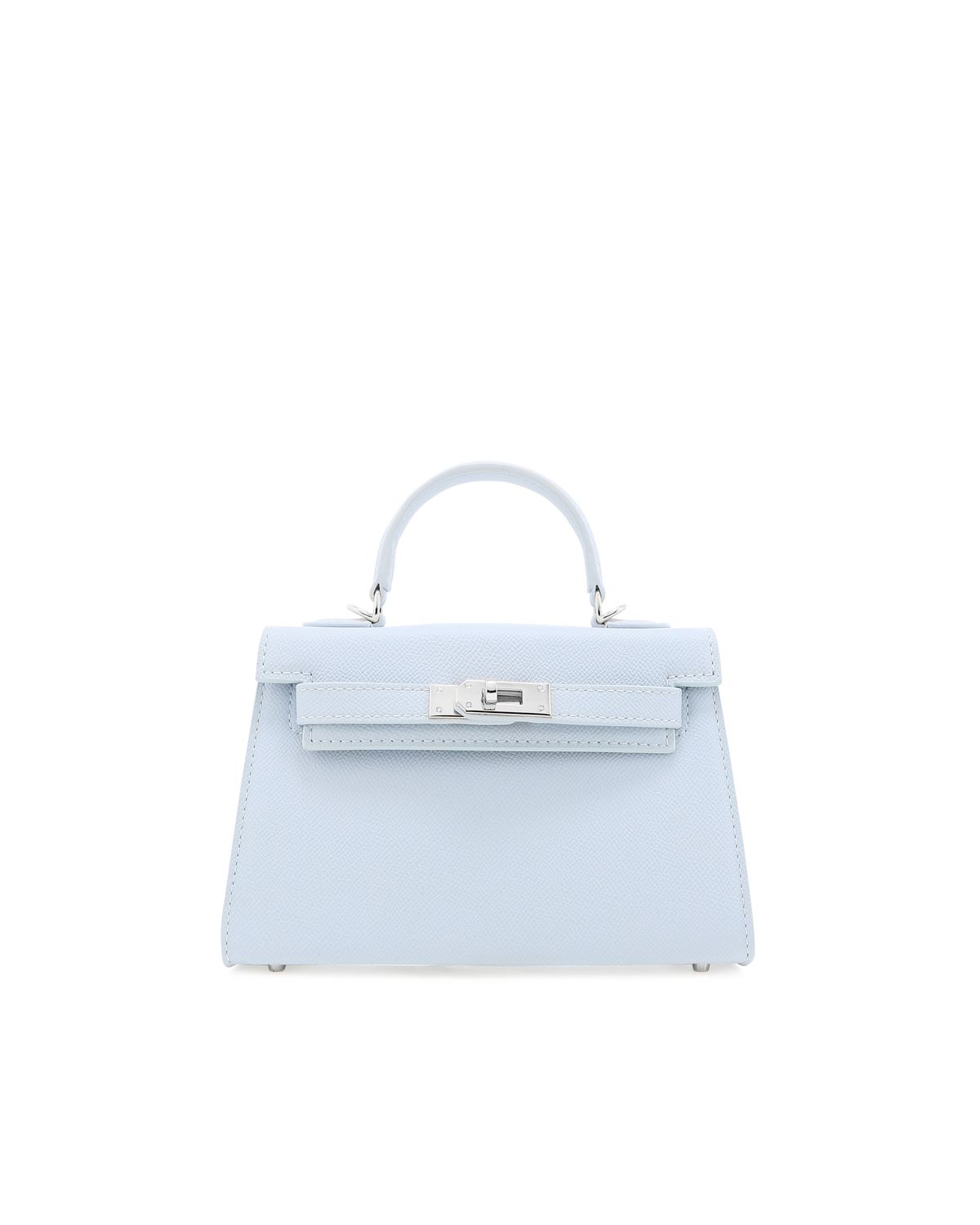 a light blue handbag with a silver handle