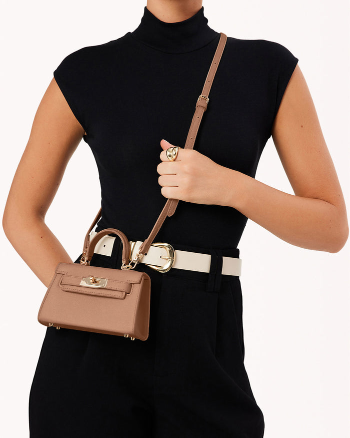 HARIETTE MINI HANDLE BAG - LIGHT TAN SAFFIANO SHINE