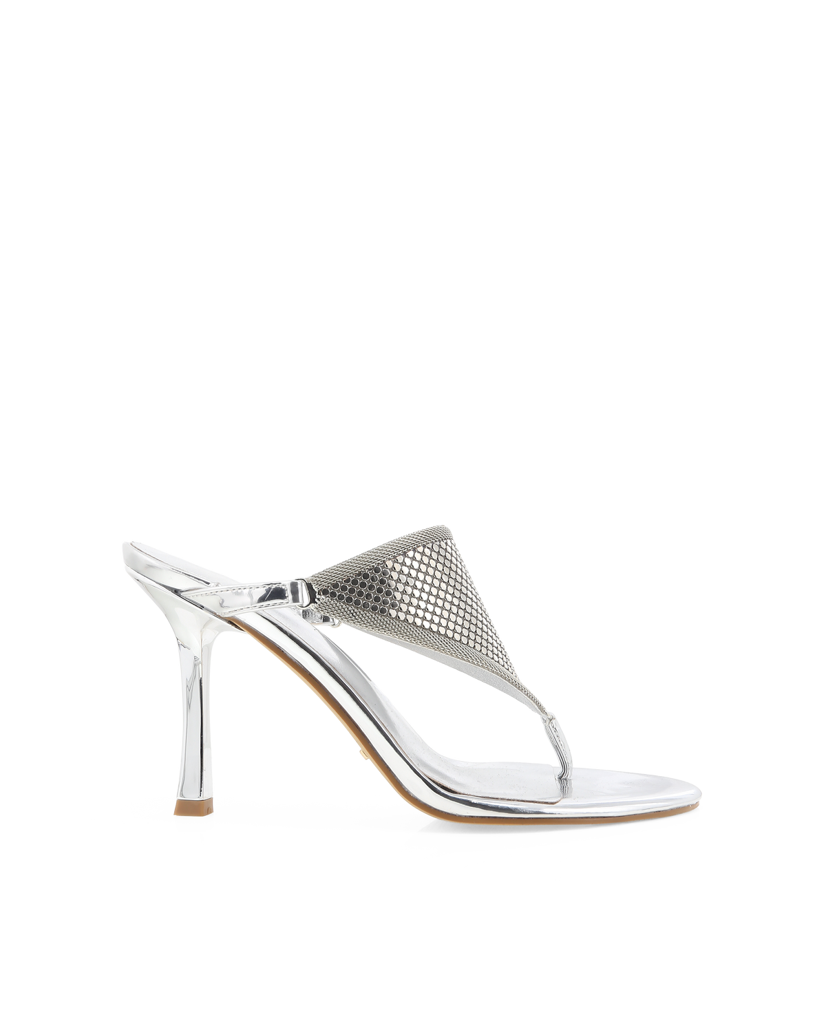 a silver high heeled shoe