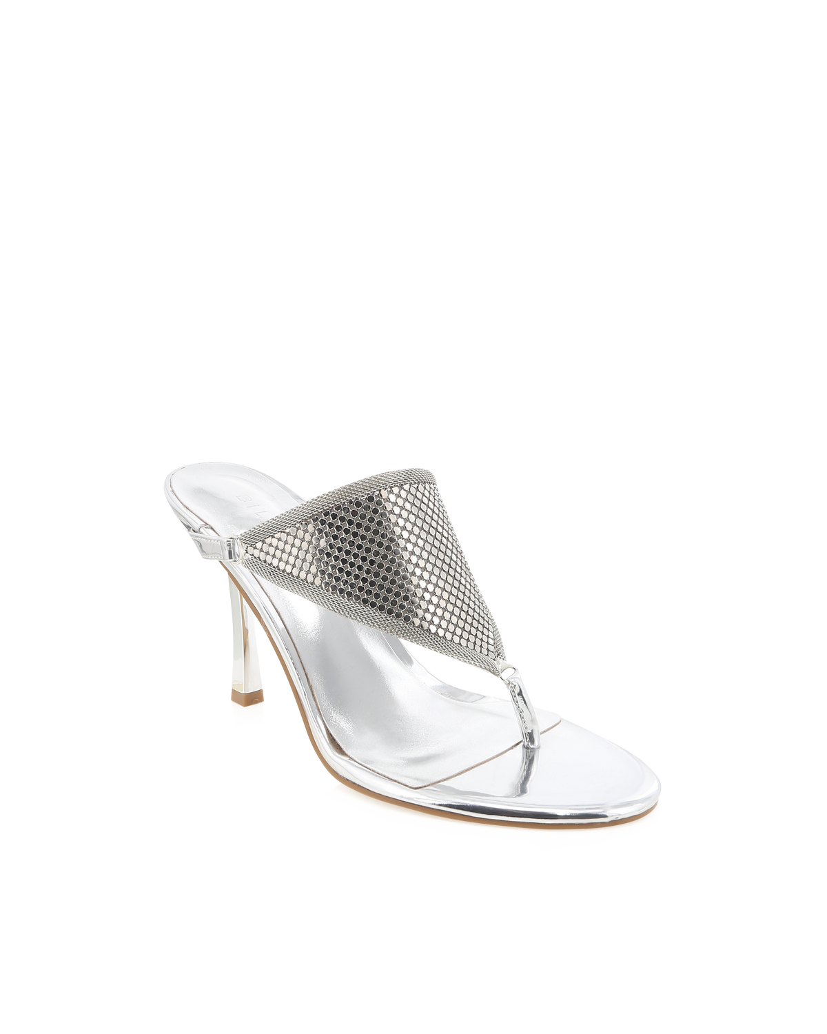 a silver high heeled shoe