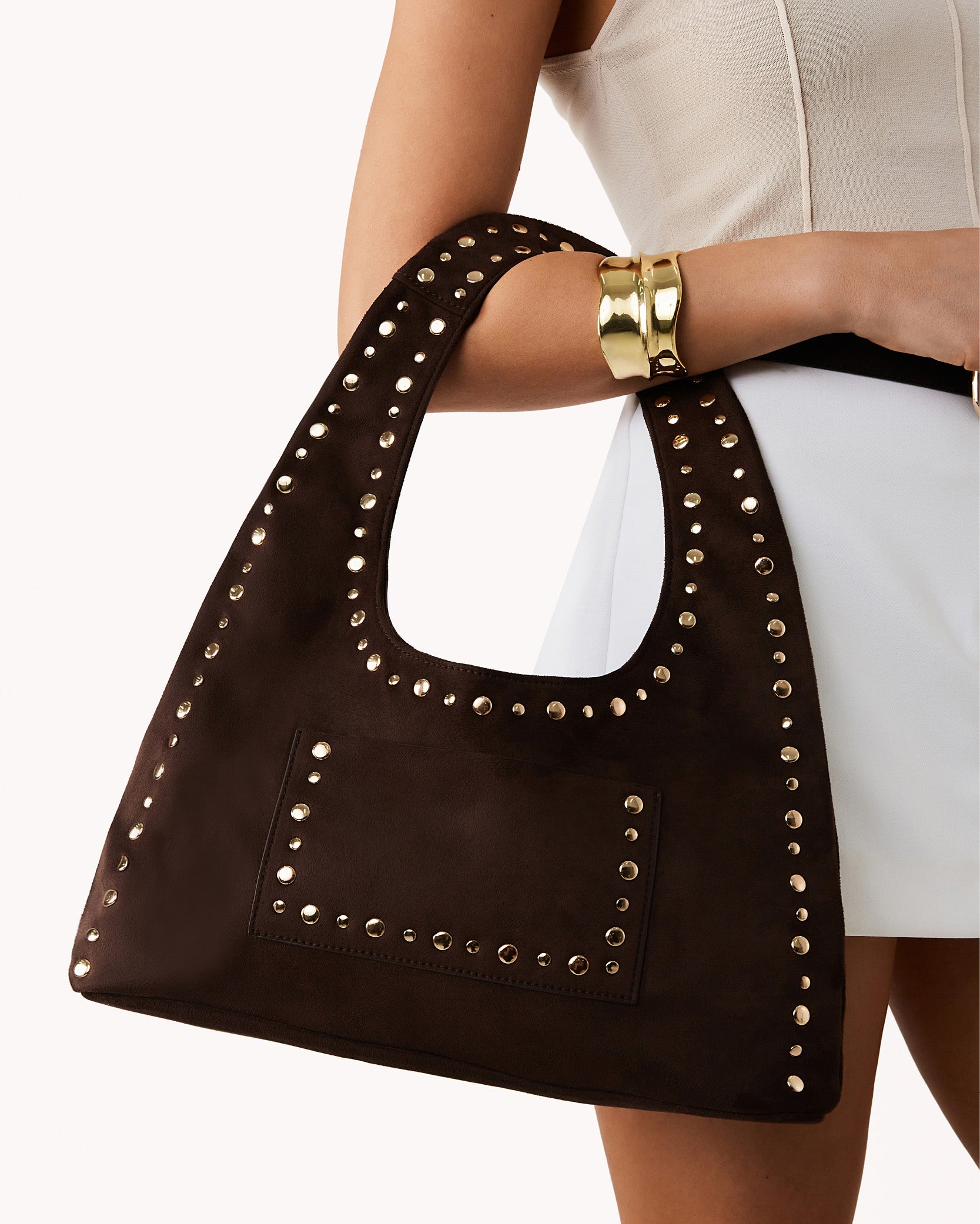 NOAH SHOULDER BAG - DARK CACAO SUEDE-GOLD-Handbags-Billini-BILLINI USA