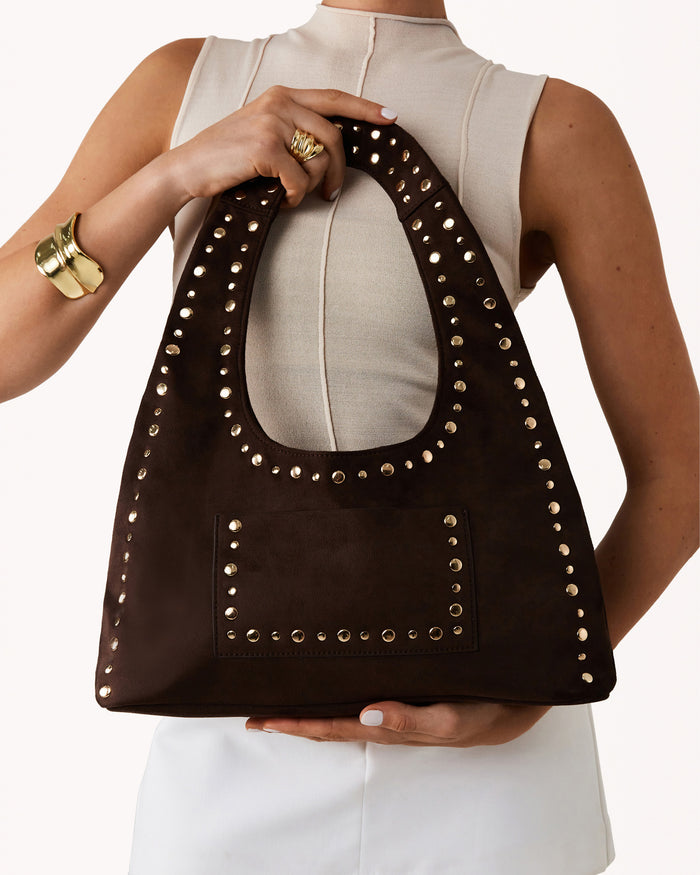 NOAH SHOULDER BAG - DARK CACAO SUEDE-GOLD-Handbags-Billini-BILLINI USA